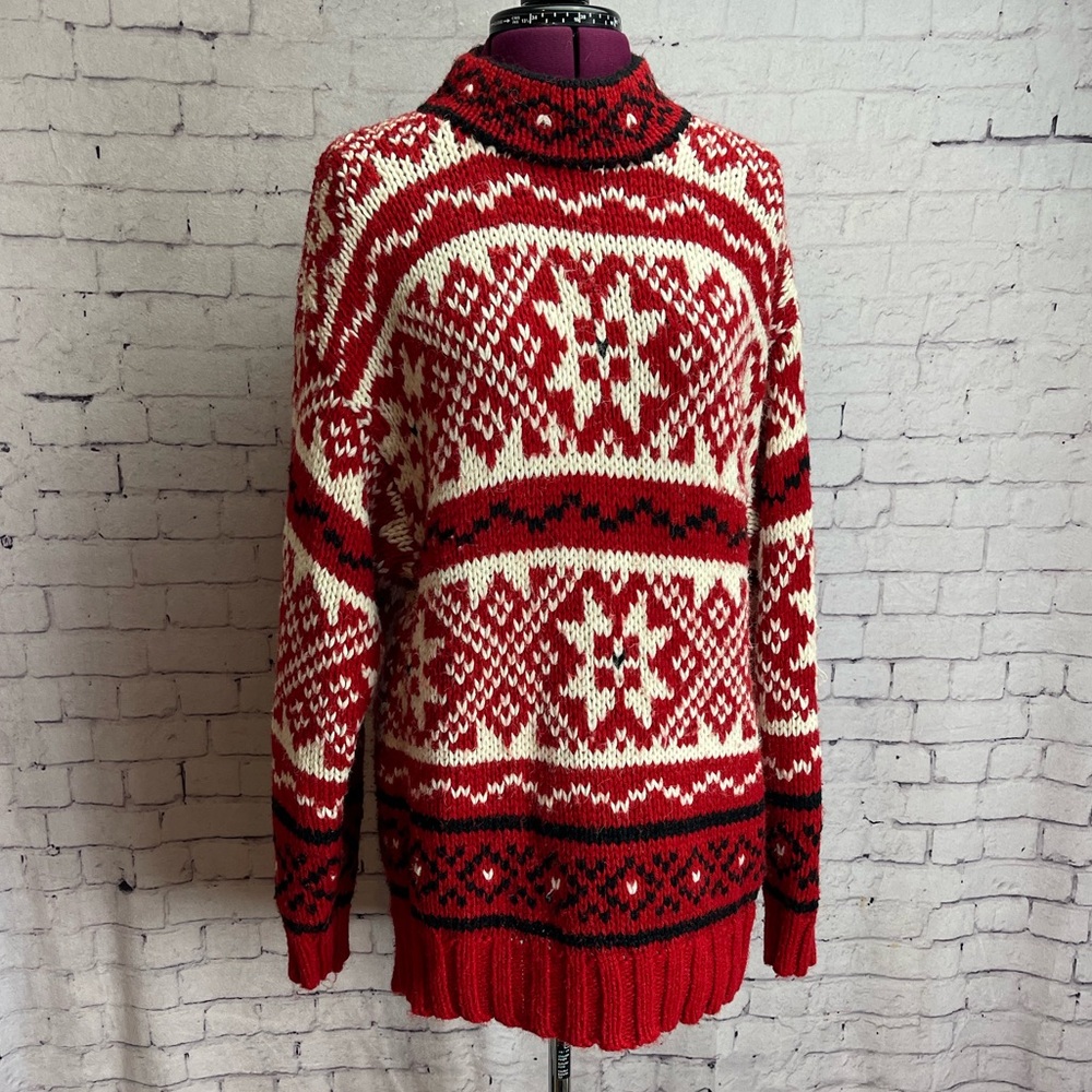 Vintage IVY hand knit red and cream sweater size medium